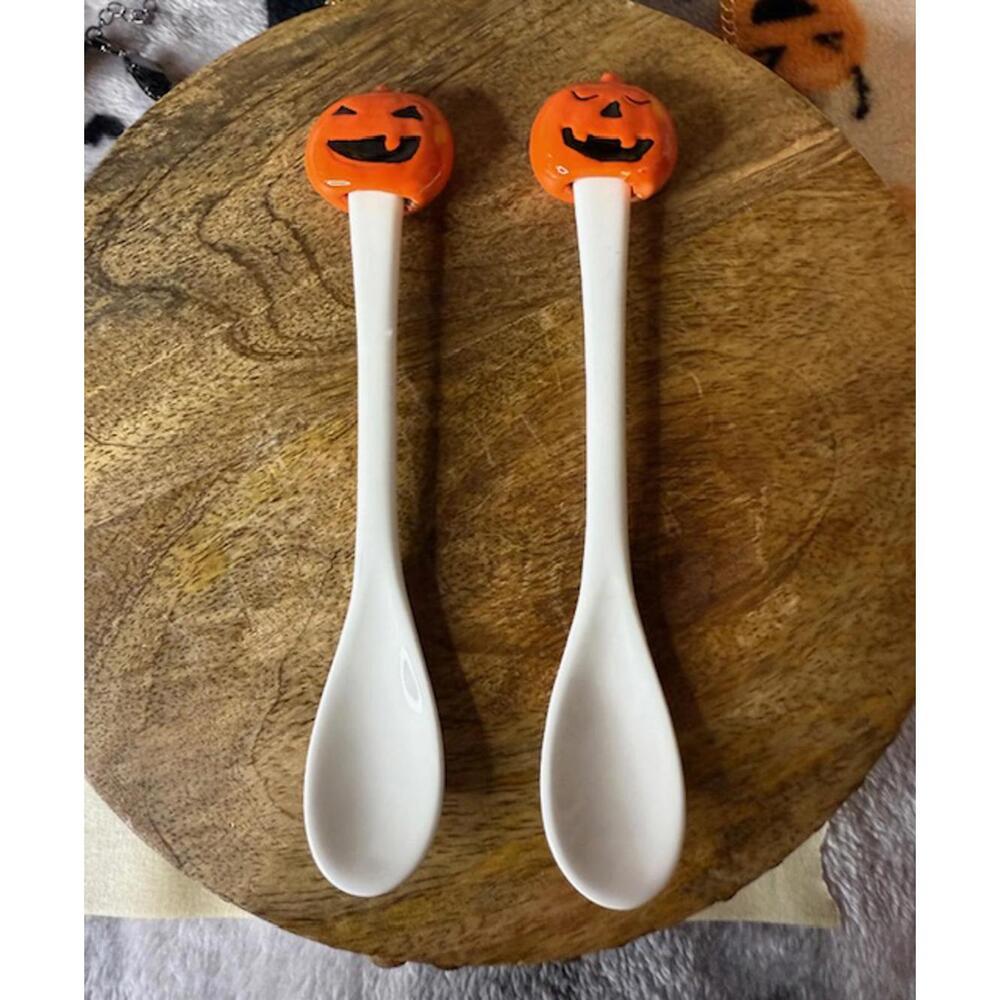 Ceramic Jack-O’-Lantern Spoon Set of 2 Halloween Coffee Stirrer Decor